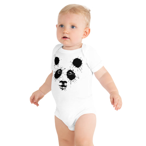 White baby bodysuit with original black ink-splatter panda artwork on the front – ZIPZAPPA