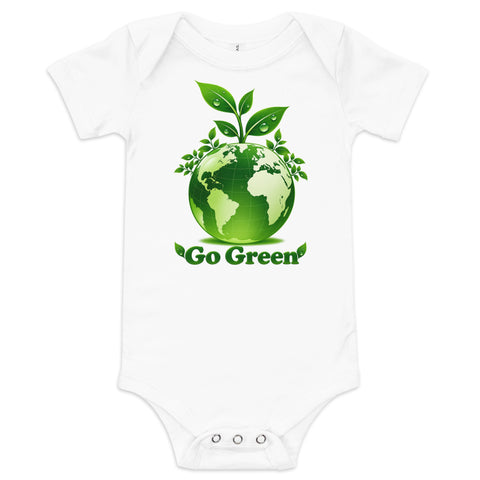 White baby bodysuit with original leafy green globe and Go Green lettering on the front – ZIPZAPPA