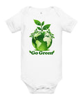 White baby bodysuit with original leafy green globe and Go Green lettering on the front – ZIPZAPPA