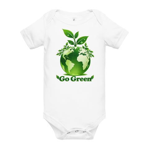 White baby bodysuit with original leafy green globe and Go Green lettering on the front – ZIPZAPPA