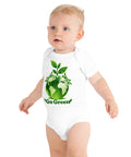 White baby bodysuit with original leafy green globe and Go Green lettering on the front – ZIPZAPPA
