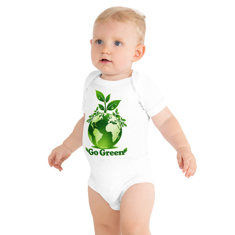 White baby bodysuit with original leafy green globe and Go Green lettering on the front – ZIPZAPPA