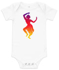 White baby bodysuit with a colourful purple-to-yellow classical dancer silhouette on the front – ZIPZAPPA