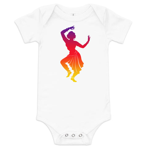 White baby bodysuit with a colourful purple-to-yellow classical dancer silhouette on the front – ZIPZAPPA