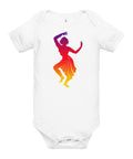 White baby bodysuit with a colourful purple-to-yellow classical dancer silhouette on the front – ZIPZAPPA