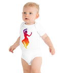 White baby bodysuit with a colourful purple-to-yellow classical dancer silhouette on the front – ZIPZAPPA