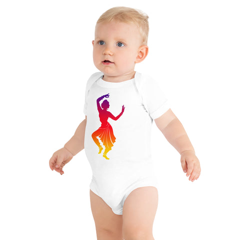 White baby bodysuit with a colourful purple-to-yellow classical dancer silhouette on the front – ZIPZAPPA