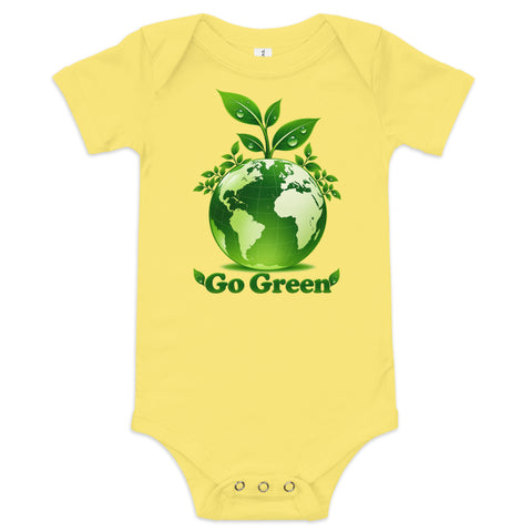 Yellow baby bodysuit with original leafy green globe and Go Green lettering on the front – ZIPZAPPA