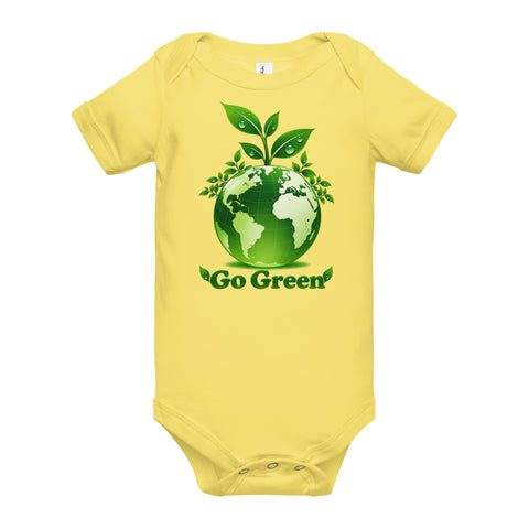 Yellow baby bodysuit with original leafy green globe and Go Green lettering on the front – ZIPZAPPA