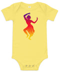 Yellow baby bodysuit with a colourful purple-to-yellow classical dancer silhouette on the front – ZIPZAPPA
