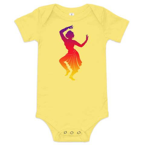 Yellow baby bodysuit with a colourful purple-to-yellow classical dancer silhouette on the front – ZIPZAPPA