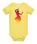 Yellow baby bodysuit with a colourful purple-to-yellow classical dancer silhouette on the front – ZIPZAPPA