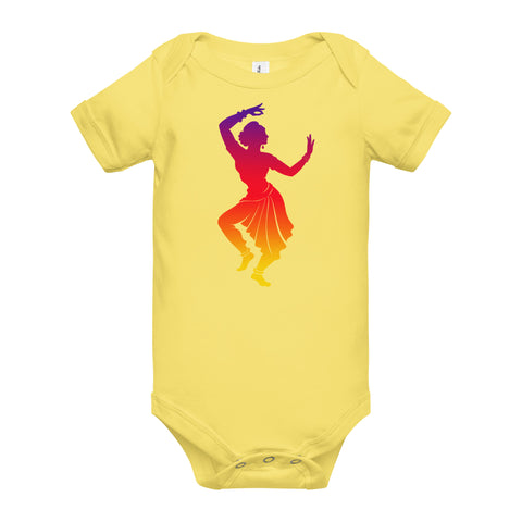 Yellow baby bodysuit with a colourful purple-to-yellow classical dancer silhouette on the front – ZIPZAPPA