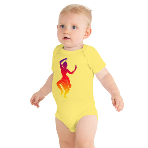 Yellow baby bodysuit with a colourful purple-to-yellow classical dancer silhouette on the front – ZIPZAPPA