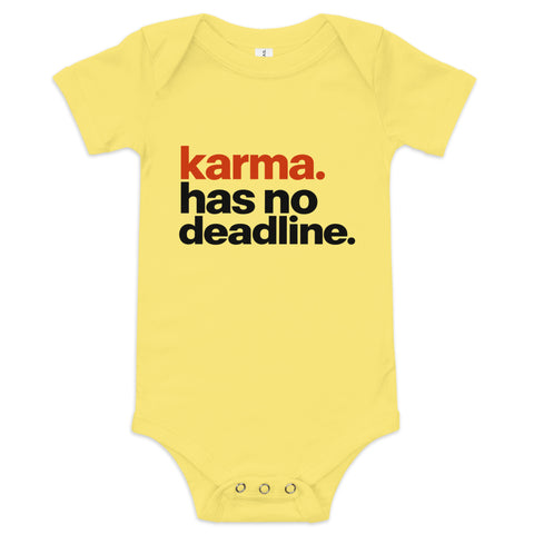 Yellow baby bodysuit with original rust-orange and black Karma Has No Deadline lettering on the front – ZIPZAPPA