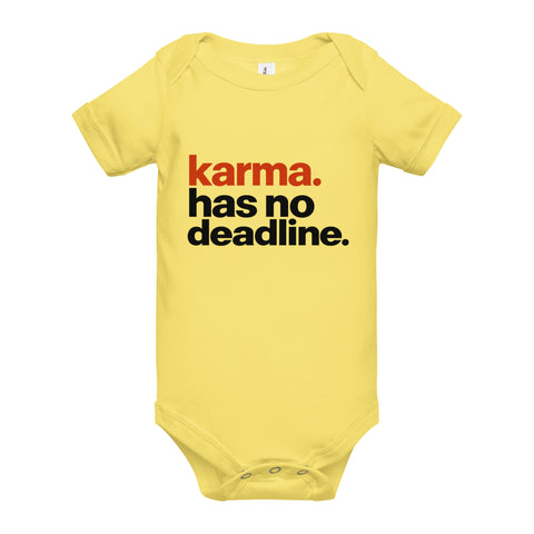 Yellow baby bodysuit with original rust-orange and black Karma Has No Deadline lettering on the front – ZIPZAPPA