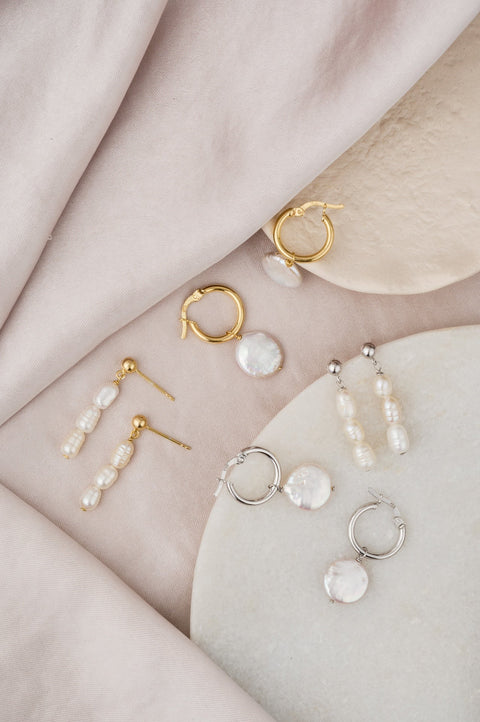 Round Pearl Drop Hoops: Silver