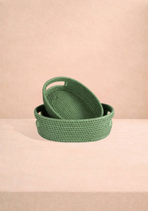 Cotswolds Oval Rattan Basket Green - Set of 2