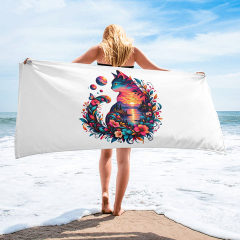 White 30 × 60 inch beach towel with original colourful Psychedelic Sunset Cat artwork centred on the front – beach mockup 1 – ZIPZAPPA