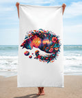 White 30 × 60 inch beach towel with original colourful Psychedelic Sunset Cat artwork centred on the front – beach mockup 2 – ZIPZAPPA