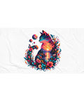 White 30 × 60 inch beach towel with original colourful Psychedelic Sunset Cat artwork centred on the front – flat view – ZIPZAPPA