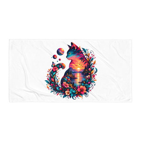 White 30 × 60 inch beach towel with original colourful Psychedelic Sunset Cat artwork centred on the front – flat view – ZIPZAPPA