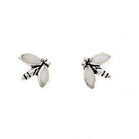 Boucles d'oreilles puces libellule en argent sterling Beginnings A683W et émail blanc