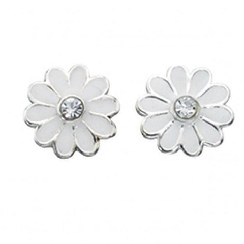 Boucles d'oreilles à clous en argent sterling Beginnings A869W, émail blanc transparent, motif marguerite