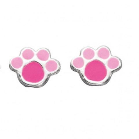 Boucles d'oreilles puces en argent sterling émail rose, motif empreinte de patte, Beginnings A883P