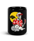 Tropical Skeleton glossy black 15 oz ceramic mug with large red-shirt skeleton and golden sun illustration – full artwork front