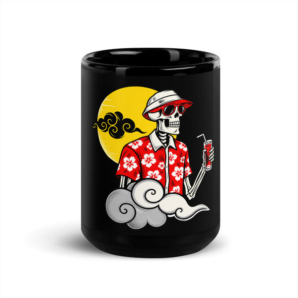 Tropical Skeleton glossy black 15 oz ceramic mug with large red-shirt skeleton and golden sun illustration – full artwork front