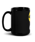 Tropical Skeleton glossy black 15 oz ceramic mug with large red-shirt skeleton and golden sun illustration – handle on left