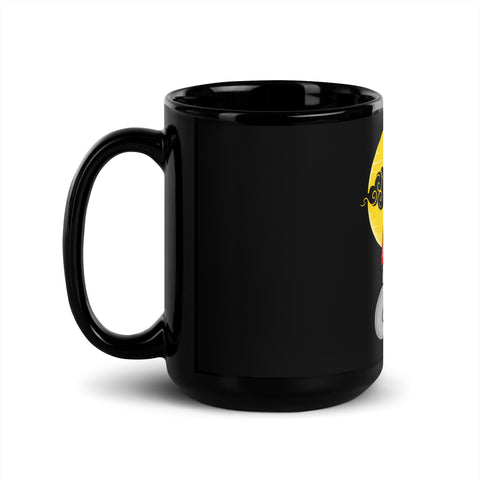 Tropical Skeleton glossy black 15 oz ceramic mug with large red-shirt skeleton and golden sun illustration – handle on left