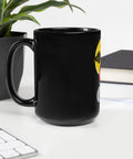 Tropical Skeleton glossy black 15 oz ceramic mug with large red-shirt skeleton and golden sun illustration – left handle angle