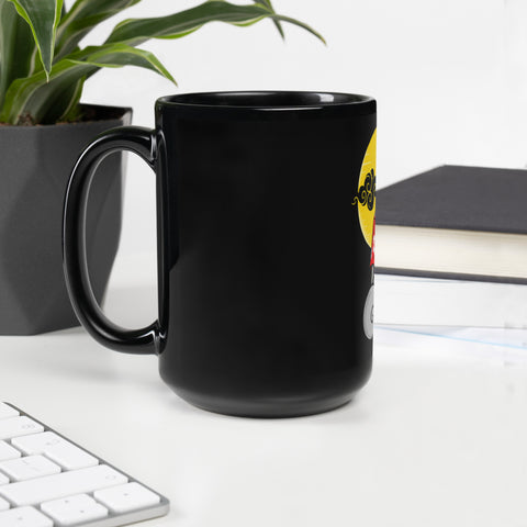 Tropical Skeleton glossy black 15 oz ceramic mug with large red-shirt skeleton and golden sun illustration – left handle angle