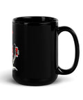 Tropical Skeleton glossy black 15 oz ceramic mug with large red-shirt skeleton and golden sun illustration – handle on right