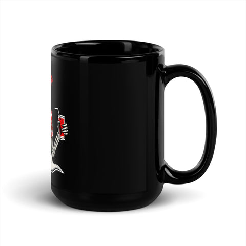 Tropical Skeleton glossy black 15 oz ceramic mug with large red-shirt skeleton and golden sun illustration – handle on right