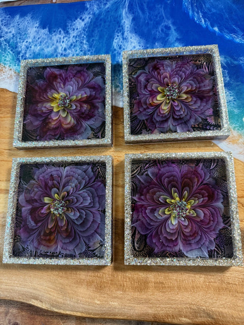 Purple 3D Bloom Square Coaster Set — Handmade Resin Art (Set of 4)