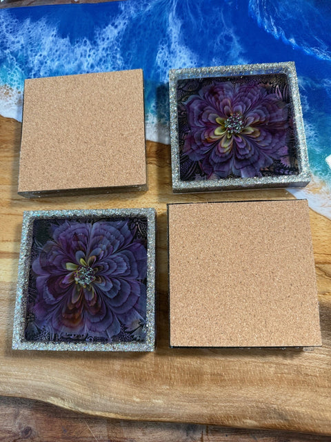 Purple 3D Bloom Square Coaster Set — Handmade Resin Art (Set of 4)