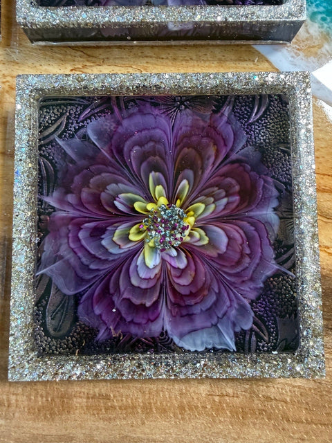 Purple 3D Bloom Square Coaster Set — Handmade Resin Art (Set of 4)