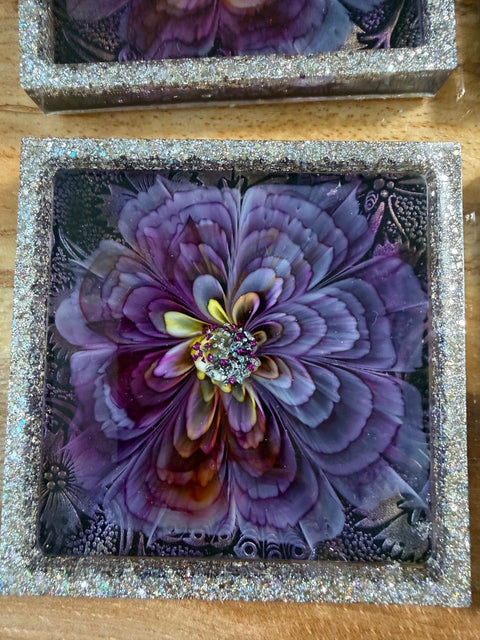 Purple 3D Bloom Square Coaster Set — Handmade Resin Art (Set of 4)