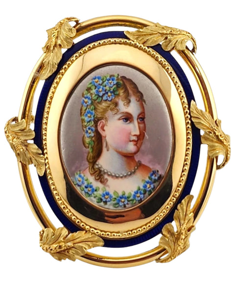 Brooch - 18 kt. Yellow gold, French 19th Century 18K Gold & Enamel Portrait Antique Brooch