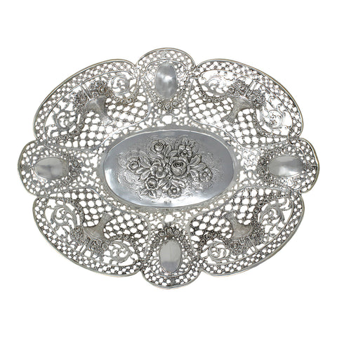 c1888 Antique Germany Silver Large Pierced Fruit Dish Flowers and Baskets Decorated