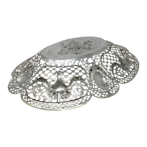 c1888 Antique Germany Silver Large Pierced Fruit Dish Flowers and Baskets Decorated