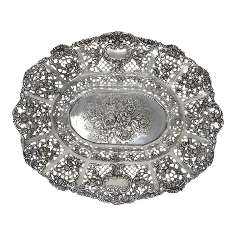 c1890 Antique Germany Silver Large Pierced Fruit Dish Flowers Decorated