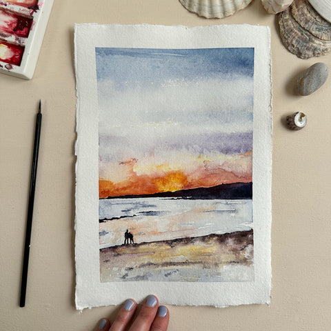 Hand-Painted South Milton Sands Beach Sunset Watercolour Greeting Card