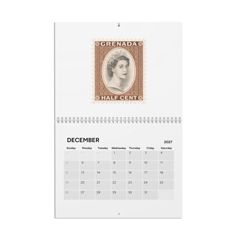 Oddly Inspired 2027 eclectic art wall calendar – December Grenada Queen Elizabeth II stamp art