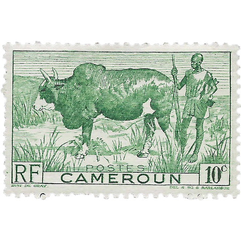 Cameroon Stamp 1946 10 French centime Zebu (Bos primigenius indicus), Herdsman