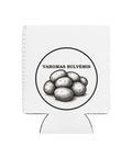 Powered by Potatoes white neoprene regular 12 oz can cooler with potato illustration and Lithuanian lettering on front – view 1