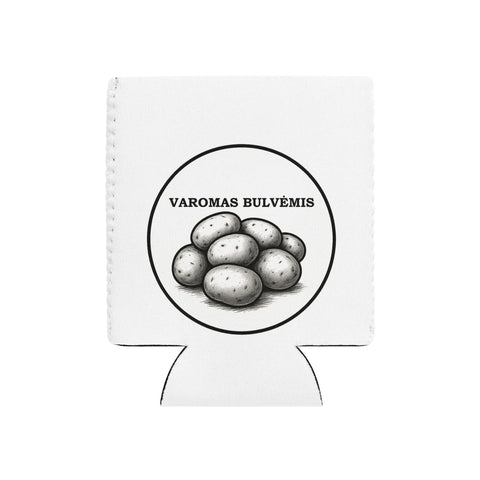 Powered by Potatoes white neoprene regular 12 oz can cooler with potato illustration and Lithuanian lettering on front – view 1